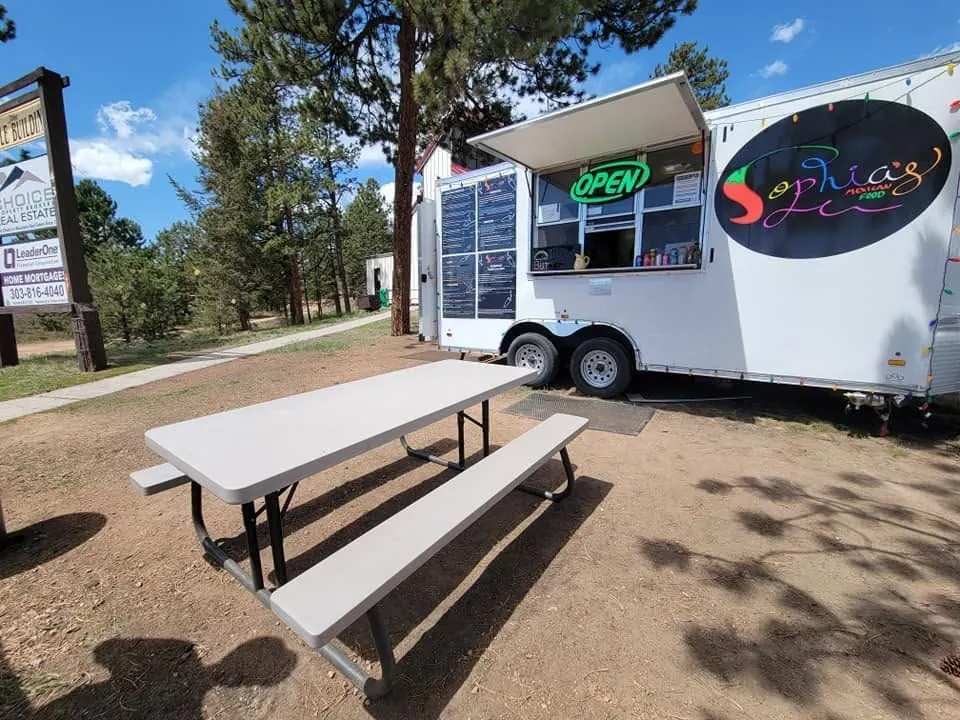 Sophia's Mexican Food truck, open for business, parked in Pine Junction